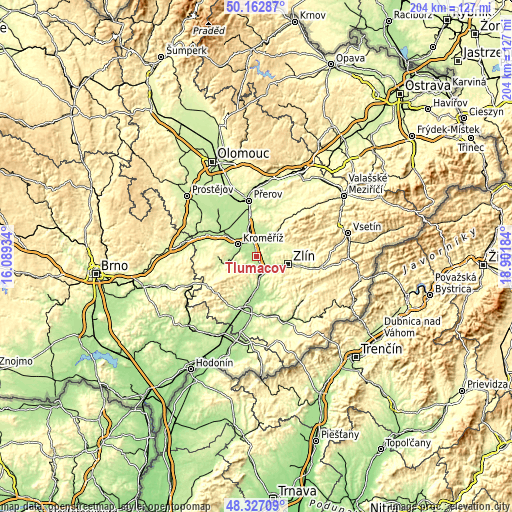 Topographic map of Tlumačov