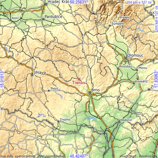 Topographic map of Tišnov