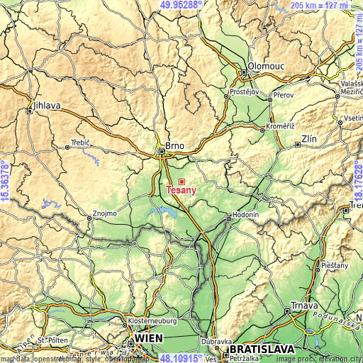Topographic map of Těšany