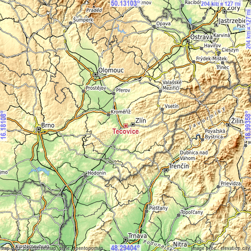 Topographic map of Tečovice