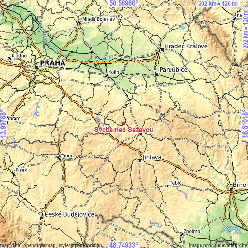 Topographic map of Světlá nad Sázavou