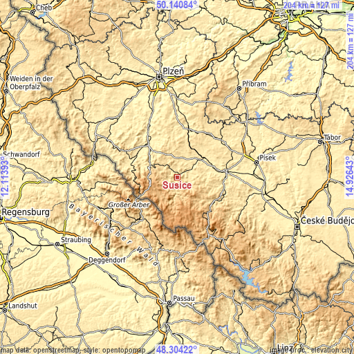 Topographic map of Sušice