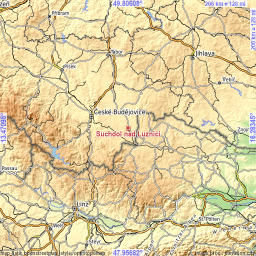 Topographic map of Suchdol nad Lužnicí
