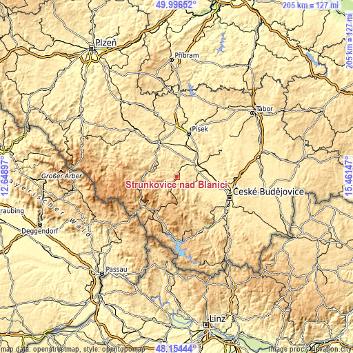 Topographic map of Strunkovice nad Blanicí
