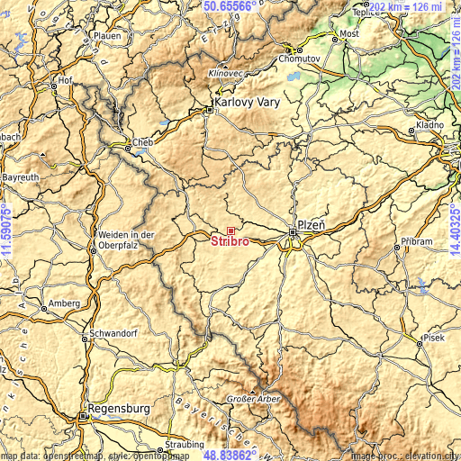 Topographic map of Stříbro