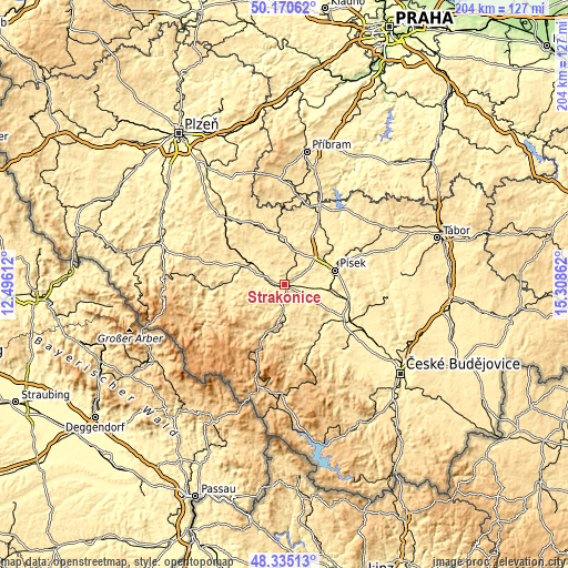 Topographic map of Strakonice