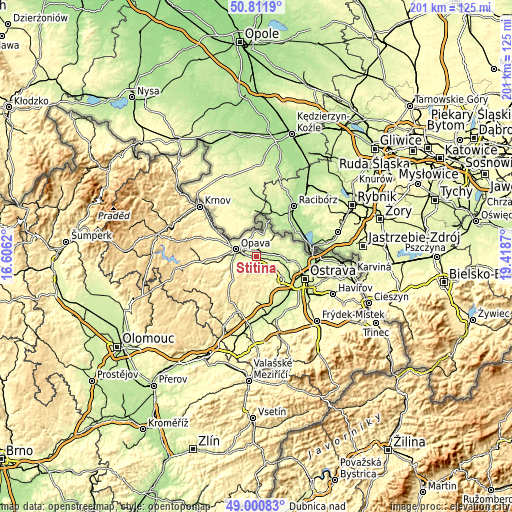 Topographic map of Štítina