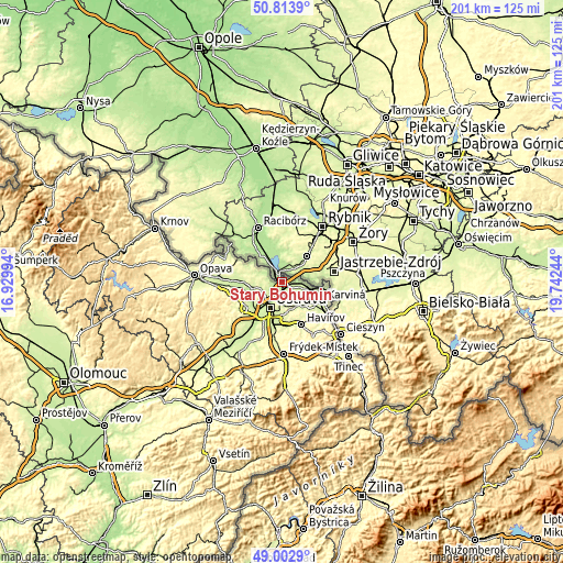 Topographic map of Starý Bohumín