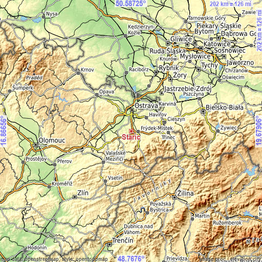 Topographic map of Staříč