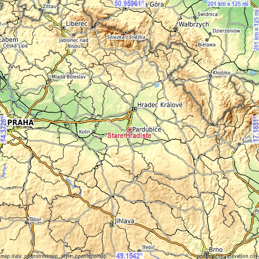 Topographic map of Staré Hradiště