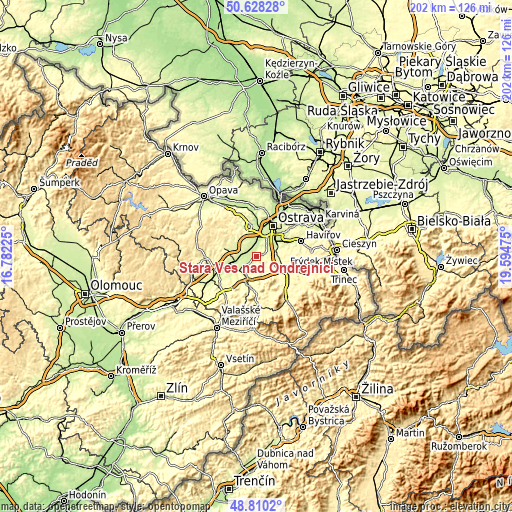 Topographic map of Stará Ves nad Ondřejnicí
