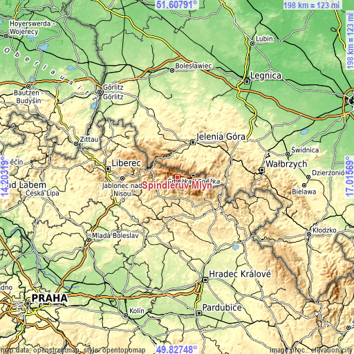 Topographic map of Špindlerův Mlýn