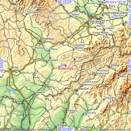 Topographic map of Slušovice