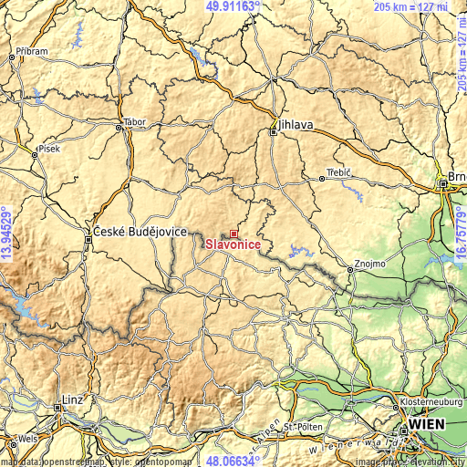 Topographic map of Slavonice