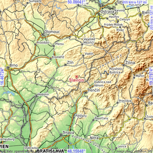 Topographic map of Slavičín