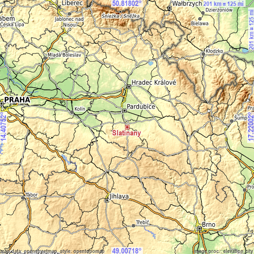 Topographic map of Slatiňany