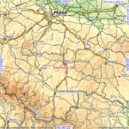 Topographic map of Sezimovo Ústí
