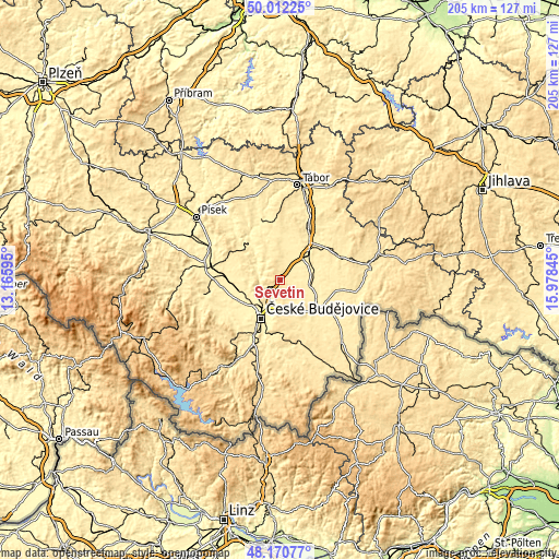 Topographic map of Ševětín