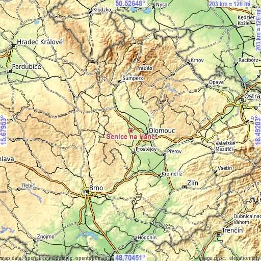 Topographic map of Senice na Hané