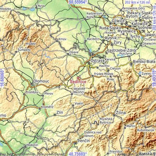 Topographic map of Sedlnice