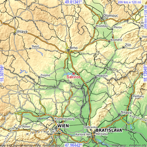 Topographic map of Šakvice