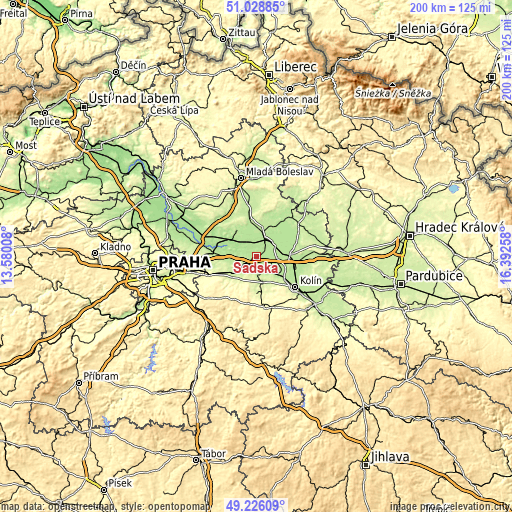 Topographic map of Sadská