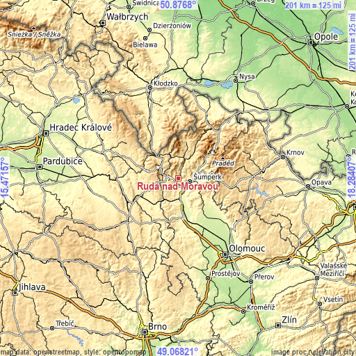 Topographic map of Ruda nad Moravou