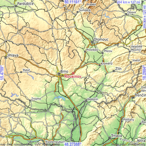 Topographic map of Rousínov