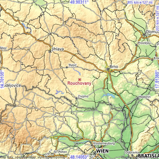 Topographic map of Rouchovany