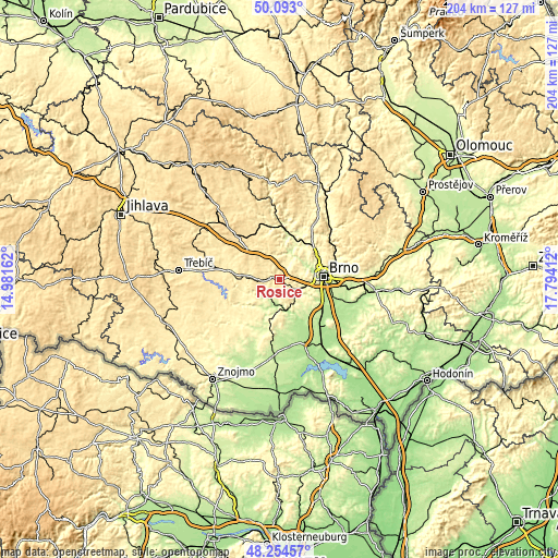 Topographic map of Rosice