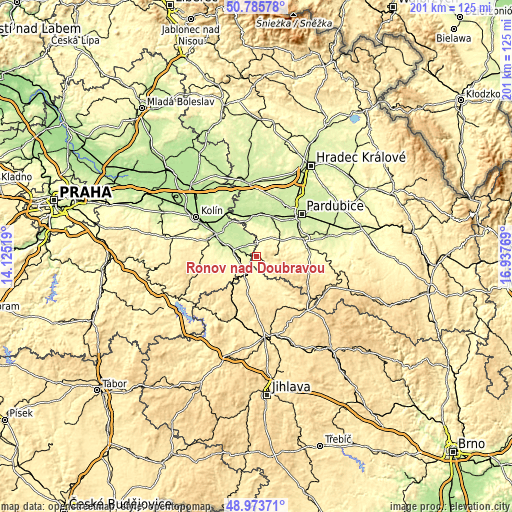 Topographic map of Ronov nad Doubravou