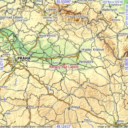 Topographic map of Řečany nad Labem