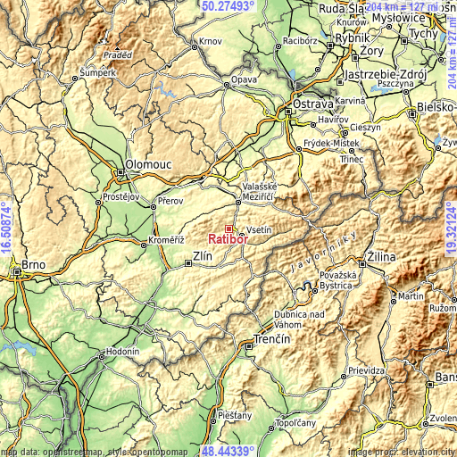 Topographic map of Ratiboř