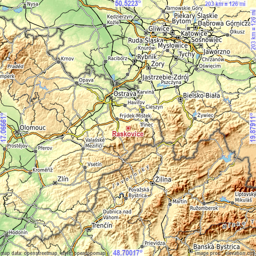 Topographic map of Raškovice