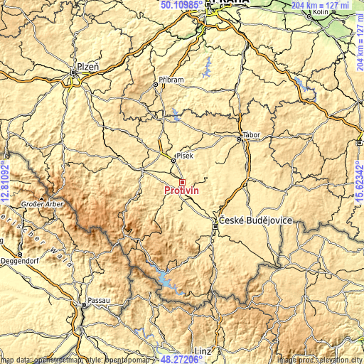 Topographic map of Protivín