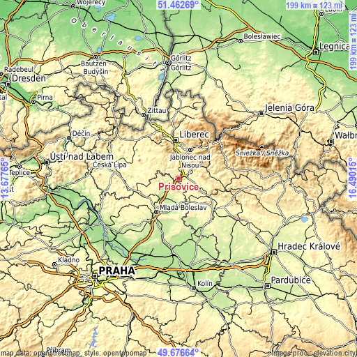 Topographic map of Příšovice