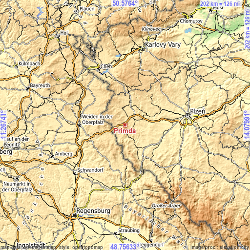 Topographic map of Přimda