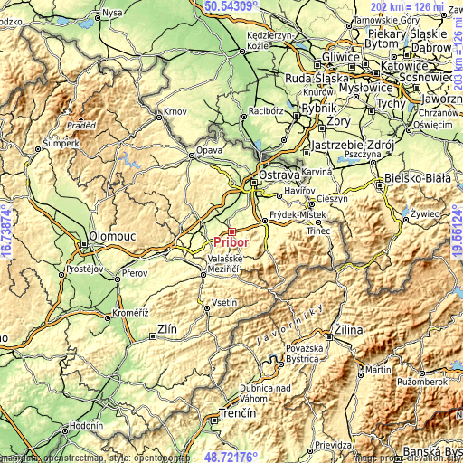 Topographic map of Příbor