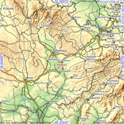 Topographic map of Přerov