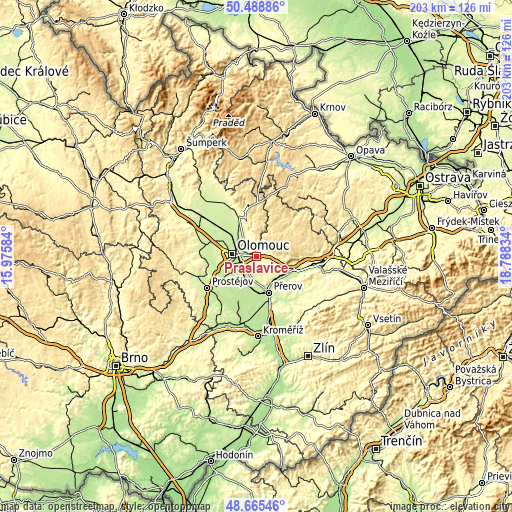 Topographic map of Přáslavice