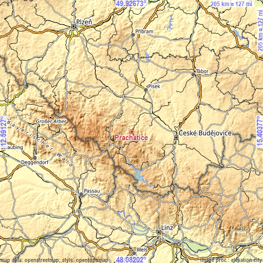 Topographic map of Prachatice