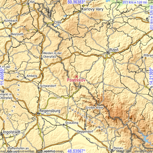 Topographic map of Postřekov