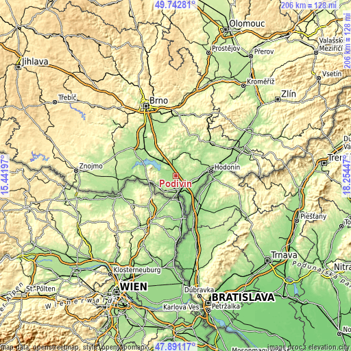 Topographic map of Podivín