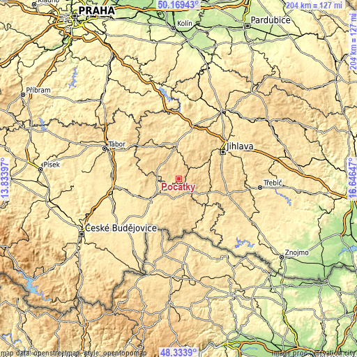 Topographic map of Počátky