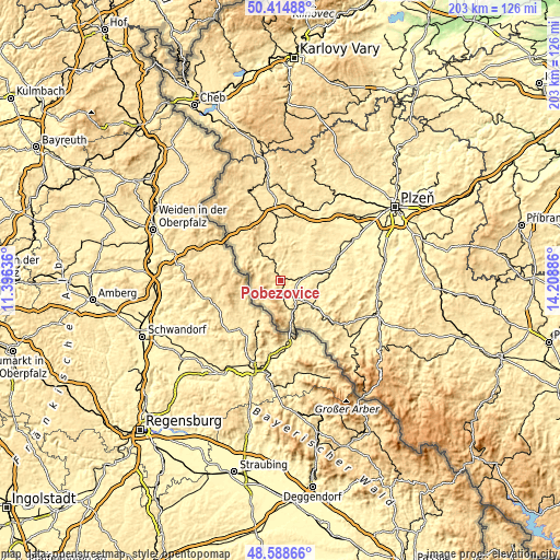 Topographic map of Poběžovice