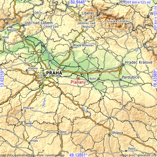 Topographic map of Plaňany