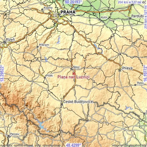 Topographic map of Planá nad Lužnicí