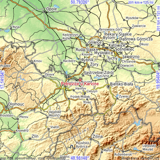 Topographic map of Petrovice u Karviné