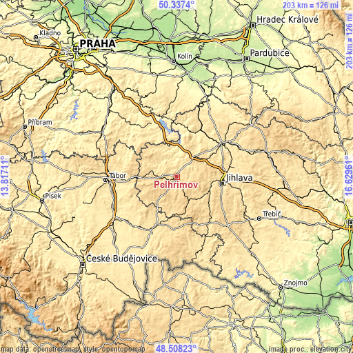 Topographic map of Pelhřimov
