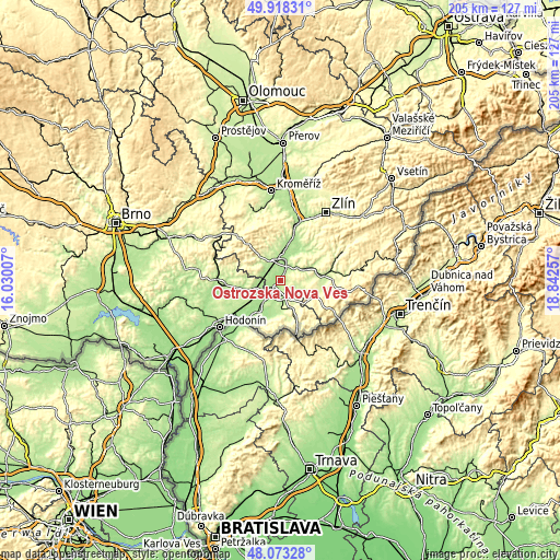 Topographic map of Ostrožská Nová Ves